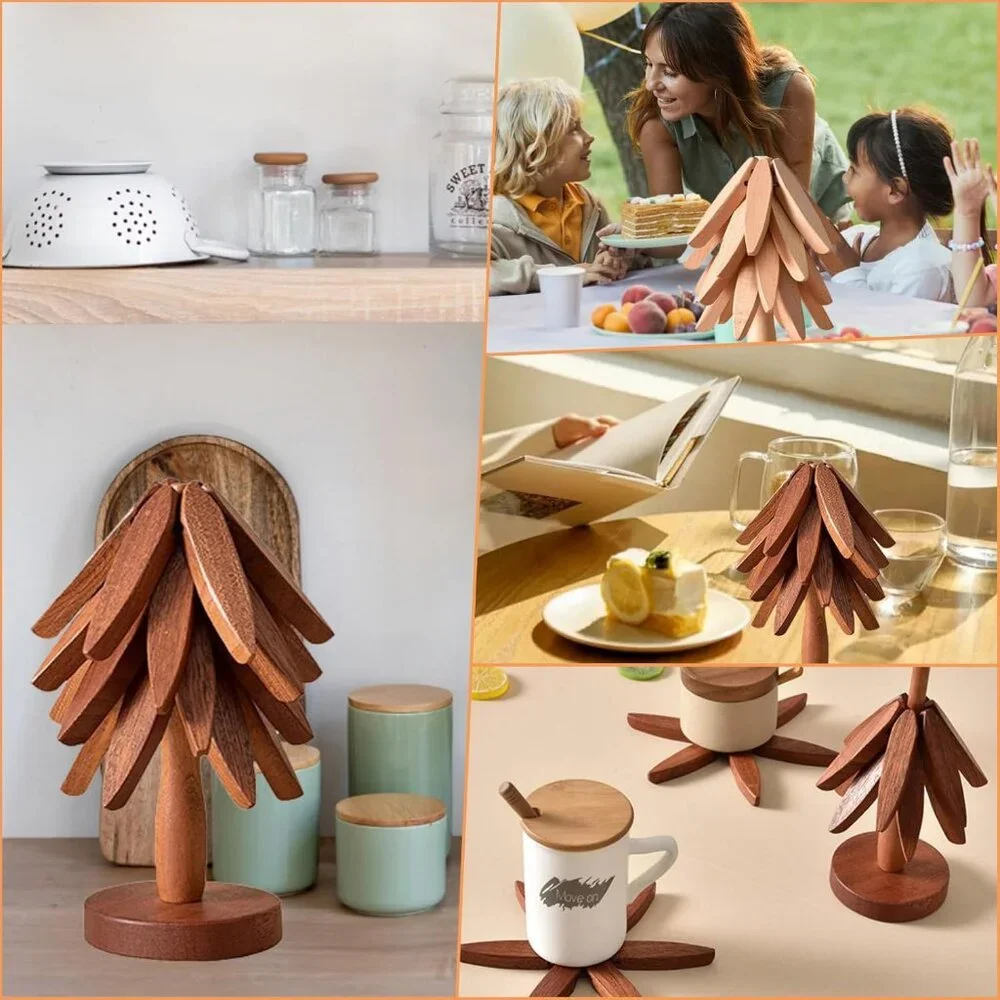 Wooden Trivets for Hot Dishes-Tree Shape Trivet Set, 4 Walnut Wood + 1 Stand sto
